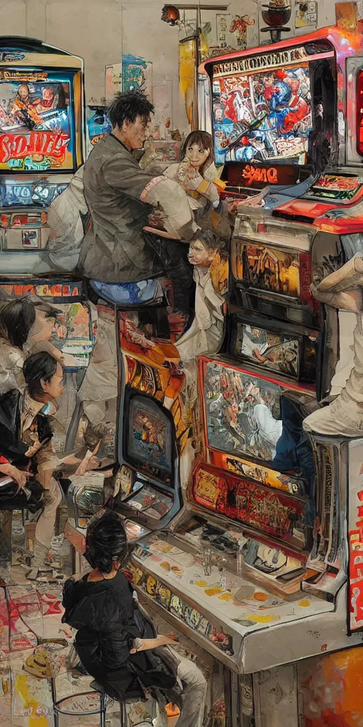 Image similar to oil painting scene from amusement arcade by kim jung gi