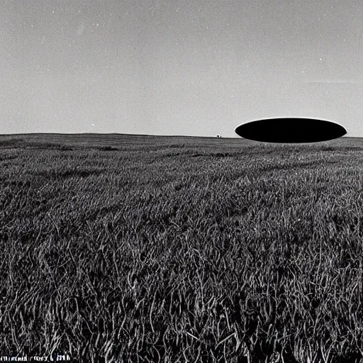 Prompt: A giant oval UFO looming over a field at night bathing the landscape in a deep red glow, unsettling atmosphere, 1950 photo