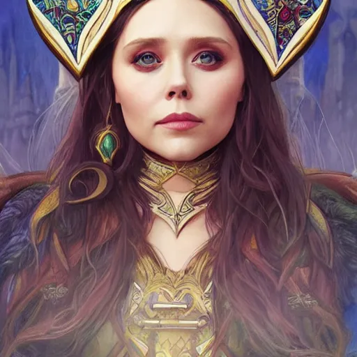 Image similar to Elizabeth Olsen as a elf archer, cute, fantasy, intricate, elegant, highly detailed, centered, digital painting, artstation, concept art, smooth, sharp focus, illustration, art by artgerm and H R Giger and alphonse mucha