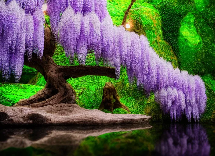 Image similar to a small wisteria tree on an island in a river in an underground cave. fantasy magic style. highly detailed 8 k. intricate. lifelike. soft light. sony a 7 r iv 5 5 mm. cinematic post - processing