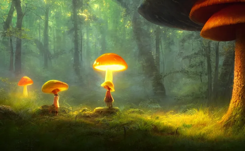 Prompt: a glowing mushroom in a magical forest, painting by craig mullins, octane rendering, soft morning lighting, wide angle lens, in the style of hayao miyazaki, trending on artstation,