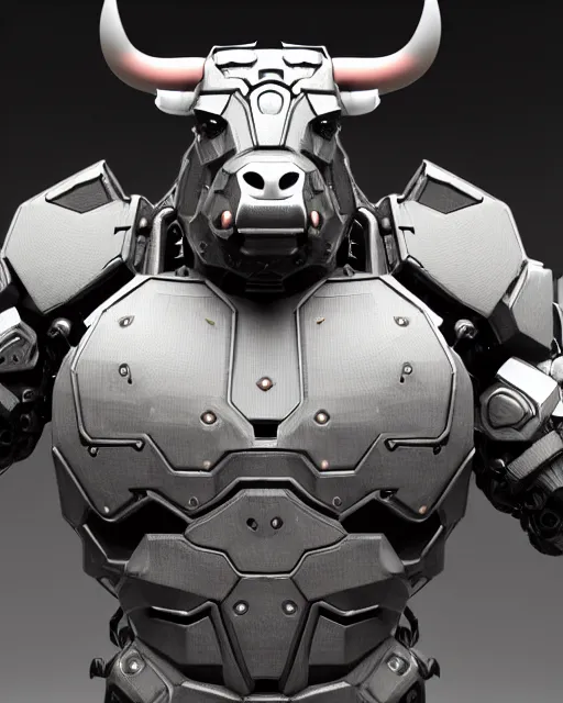 Prompt: a full body shot of a imposing cyborg ( bull ) modeled after a bull with open eyes looking into the camera, intricate pattern, hard rubber chest, highly detailed, android, cyborg, full body shot, intricate, 3 d, hyper realism, symmetrical, octane render, strong bokeh, fantasy, highly detailed, depth of field, artstation