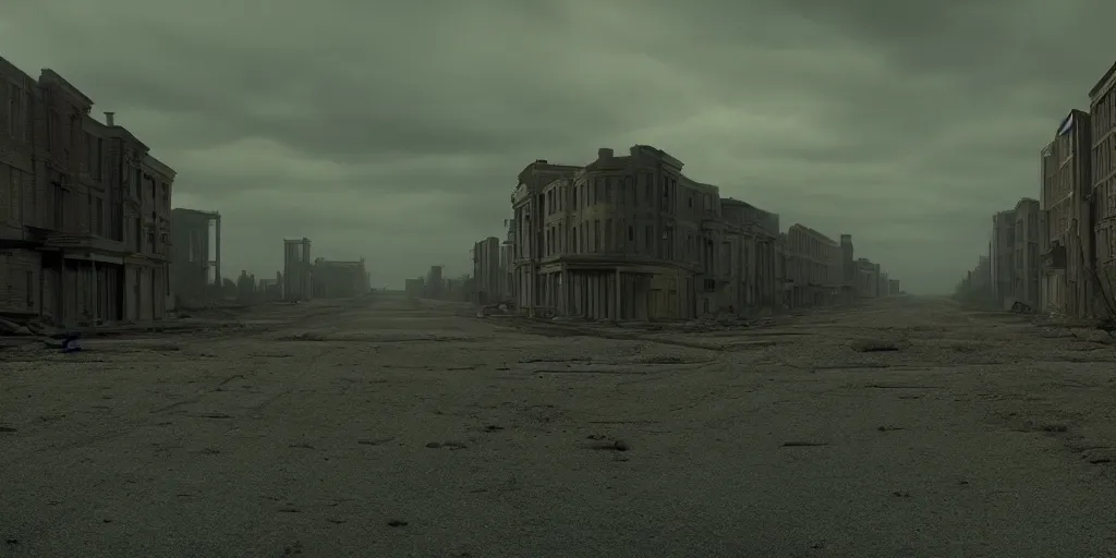 Image similar to a film still landscape by roger deakins - an abandoned city, 3 5 mm lens, early morning, dramatic lighting, cinematography, cinematic, global illumination, highly detailed, photorealistic