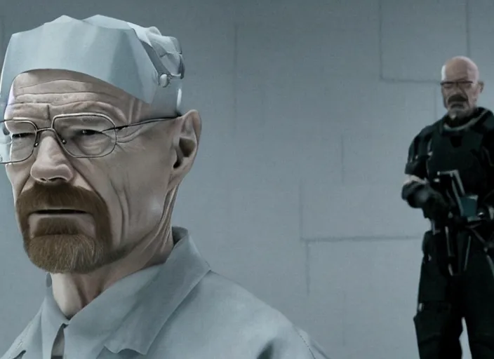 Image similar to film still of Walter White as Gordan Freeman wearing Black Mesa Jumpsuit in the Half Life Movie, 4k