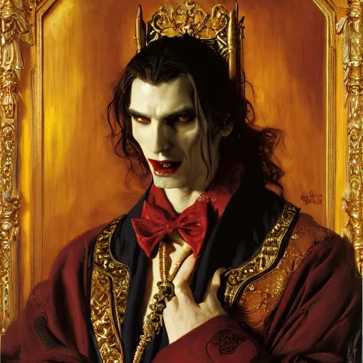 Image similar to perfectly centered portrait of attractive vampire king in a robe sitting on a throne of bones, highly detailed painting by gaston bussiere, craig mullins, j. c. leyendecker, 8 k