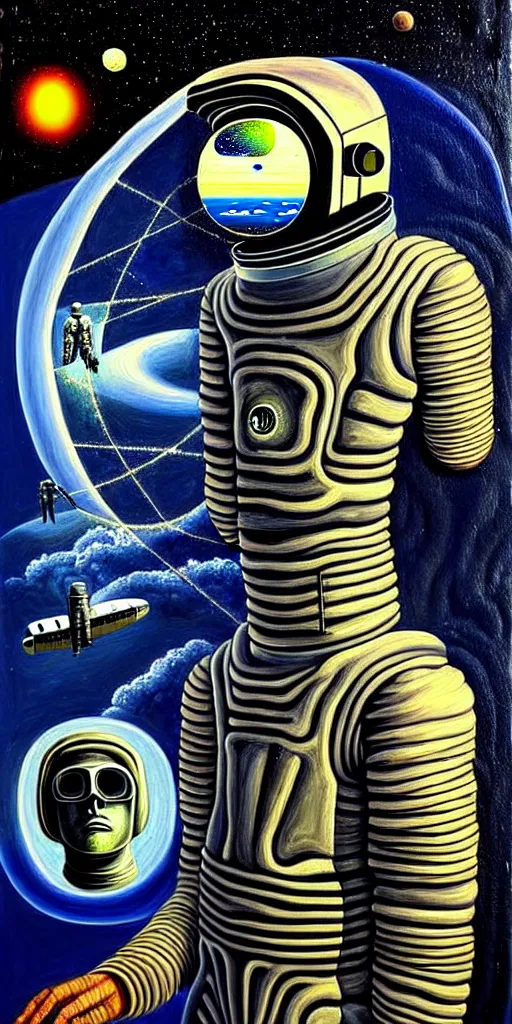 Image similar to a high detailed painting with many textures and of a headless astronaut with a quantum transcendence to the next plane, surrealism, disturbing cybergothic high image quality