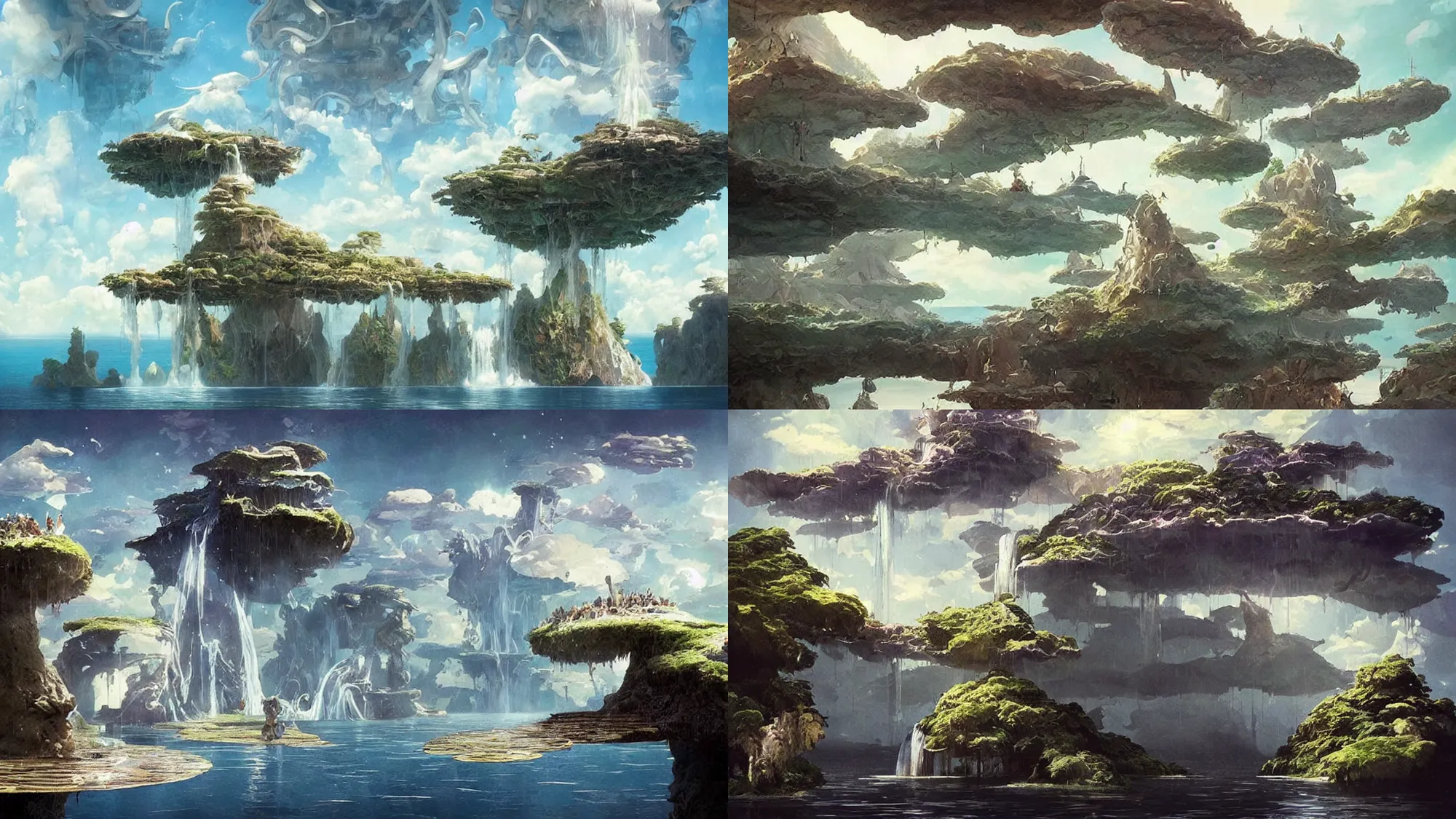 Prompt: floating islands with waterfalls connecting each other whimsical surrealism, dream recording, deep - space imaging fantastical setting, art by salvador dali, greg rutkowski studio ghibli