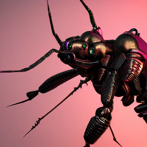 Image similar to synthwave cyborg insect, detailed face, sharp focus, synthwave art, aesthetic, octane render, raw, cinematic