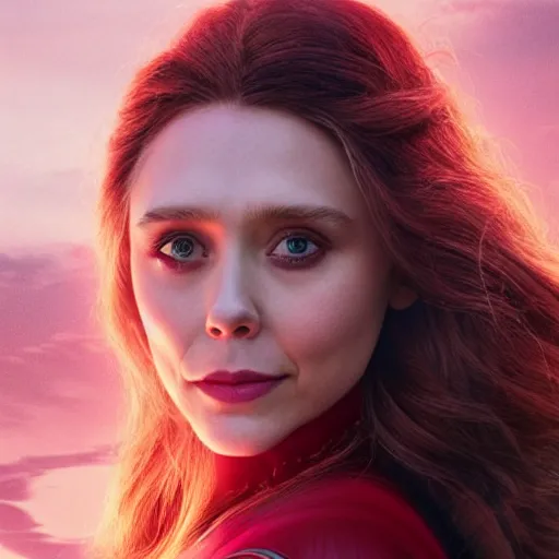 Image similar to movie still of elizabeth olsen as the scarlet witch afloat!!!!! in the air with red glowing eyes, emanating red magic!!!!! from her palms, full - body portrait, trending on artstation, 8 k quality, cgsociety contest winner, artstation hd, artstation hq, luminous lighting, beautiful cloudy atmosphere