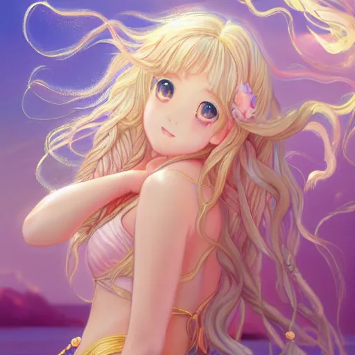 Prompt: very beautiful pastel art of an anime princess, full body, long braided curly blonde hair, twisted braids, golden watery eyes, full round face, short smile, pale pink bikini, serene beach setting, cinematic lightning, medium shot, mid-shot, highly detailed, trending on artstation, Unreal Engine 4k, cinematic wallpaper by Stanley Artgerm Lau, WLOP, Rossdraws, James Jean, Andrei Riabovitchev, Marc Simonetti, and Sakimichan