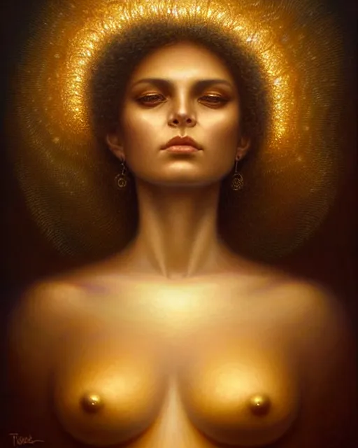 Prompt: a detailed portrait of round faced latina goddess ( waves ) ( gold ) fractal ) ( glass ) ( lightning ) ( soft features ) ( gentle look ) beautiful! ( ( brown eyes ) ) by tomasz alen kopera and peter mohrbacher and johanna martine! and margaret keane! elegant alluring seductive luminescent