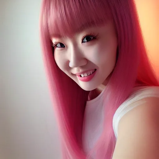 Image similar to beautiful hyperrealism selfie of nikki 苏 暖 暖 from shining nikki, a cute 3 d young woman smiling softly, long light pink hair and full bangs, flushed face, red blush, small heart - shaped face, soft features, amber eyes, chinese heritage, golden hour, 8 k, sharp focus, instagram