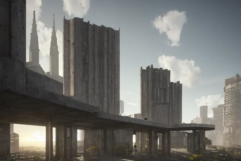 Image similar to streetscape, a towering cathedral of brutalist architecture, buildings covered with greebles, stunning volumetric light, sunset, metal, concrete and translucent material, stunning skies, vast majestic landscape, trending on Artstation, 8k, photorealistic, hyper detailed, unreal engine 5, IMAX quality, cinematic, epic lighting, in the style of Greg Rutkowski