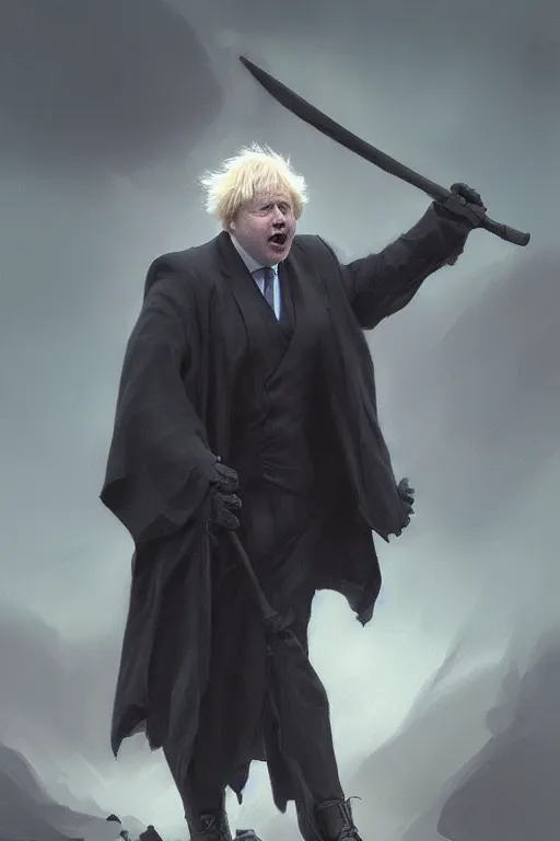 Prompt: Boris Johnson as Grim Reaper, portrait, highly extremely detailed, digital painting, artstation, concept art, very smooth, sharp focus, illustration, cinematic lighting, art by artgerm and greg rutkowski and alphonse mucha