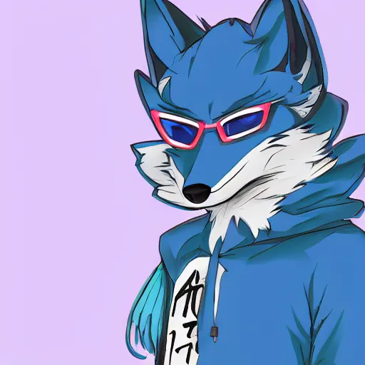 Prompt: anime style colored pencil sketch of an anthropomorphic blue fox fursona furry male character wearing a stylish all over print hoodie, notebook drawing, realisitc photo