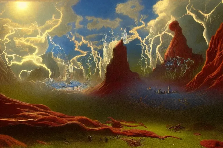 Image similar to miskatonic university big bang landscape in the style of dr. seuss,'run the jewels ', painting by albert bierstadt