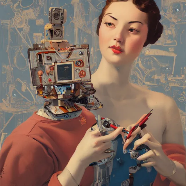 Image similar to robot artist painting a self - portrait on a canvas. intricate, highly detailed, digital matte painting in the style of sachin teng, and in the style of hans thoma, and in the style of gil elvgren. irony, recursion, inspiration.