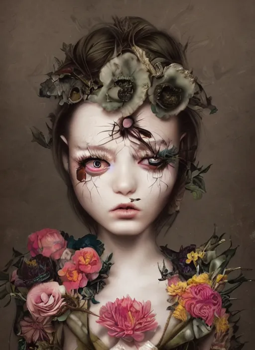 Prompt: pop surrealism, lowbrow art, realistic cute girl painting, body harness, japanese shibari with flowers, hyper realism, muted colours, rococo, natalie shau, loreta lux, tom bagshaw, trevor brown style,