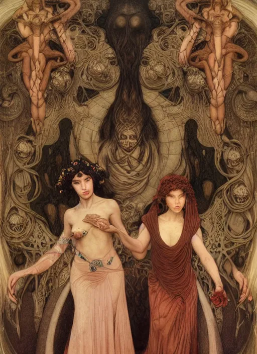 Prompt: hyper realistic painting of the wedding, detailed faces, veil, in the style of mc escher, wayne barlowe, gustav moreau, goward, gaston bussiere and roberto ferri, santiago caruso, and austin osman spare, bouguereau, mucha, saturno butto, sorayama. occult art, alchemical diagram