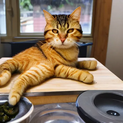 Prompt: noodles on toast cat watching over the food