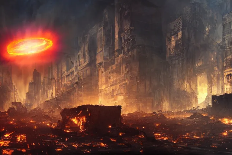 Image similar to Singular Cybernetic Robotic Fire Orb Floating above a destroyed city street, fantasy, photorealistic, metropolis, holographic, hologram