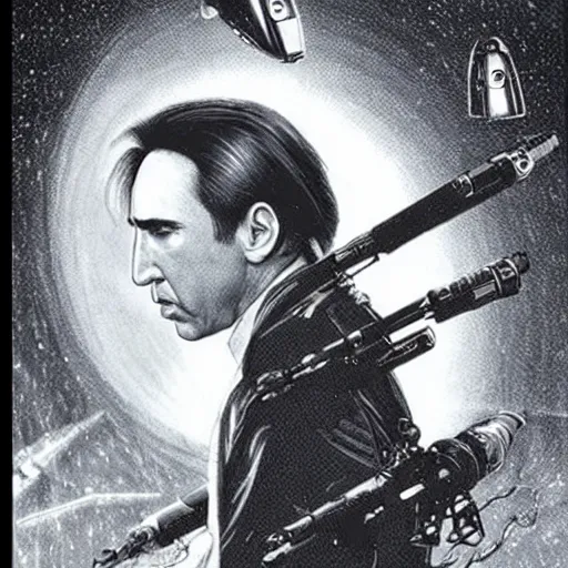 Image similar to Nicholas Cage as a space ship shooting aliens