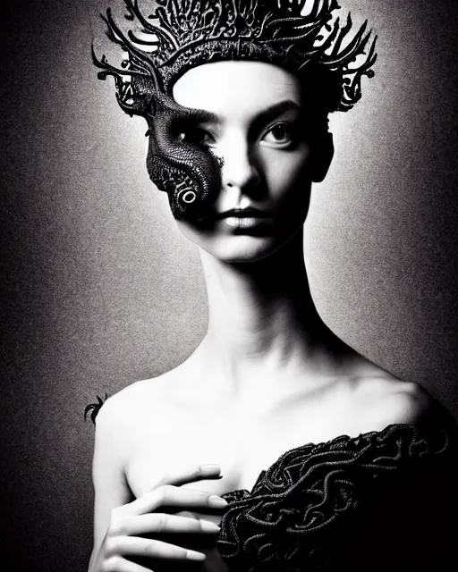 Image similar to dark background, a black and white high quality dreamy photo of a young beautiful female queen-dragon-vegetal-cyborg bust with a very long neck and delicate Mandelbrot fractal face, elegant, highly detailed, flesh highly baroque ornate, hair are curled wired cables, elegant, poetic, soft, dreamy, mysterious, high fashion, rim light, in the style of Ellen von Unwerth, Realistic, Refined, Digital Art, Highly Detailed, Cinematic Lighting, rim light, black and white, photo-realistic, 8K