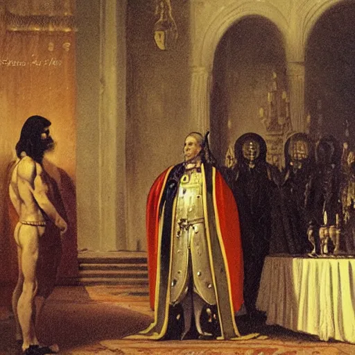 Image similar to The Duke of Mars receives the Marquis of Io in his palace, photorealistic, sci-fi