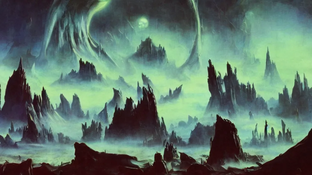 Image similar to surreal eerie alien planet empire by frank frazetta and bruce pennington, cinematic matte painting