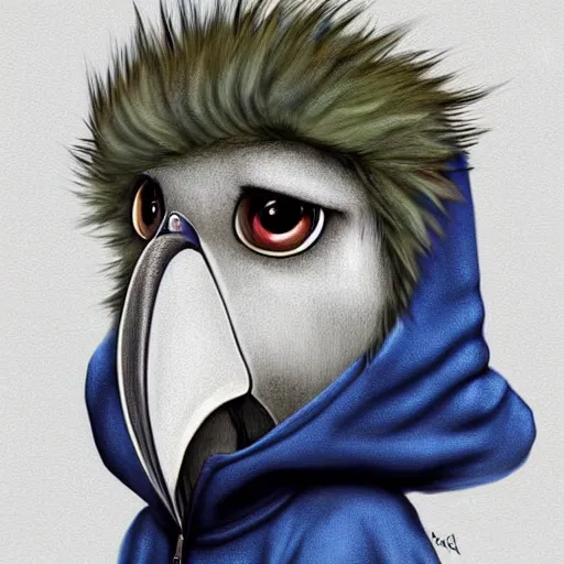 Prompt: front facing portrait. humanoid furry! anthro, anthro, anthro, avian, avian, avian!!! fursona, bird, bird, bird!!! digital art! trending on artstation! subject wearing hoodie and jeans!! subject is female!! female!!! big beak, big beak, big beak!!! blue feathers!! birdfolk!! owlkin!! Character design by charlie bowater, ross tran, artgerm, and makoto shinkai, detailed, inked, western comic book art.