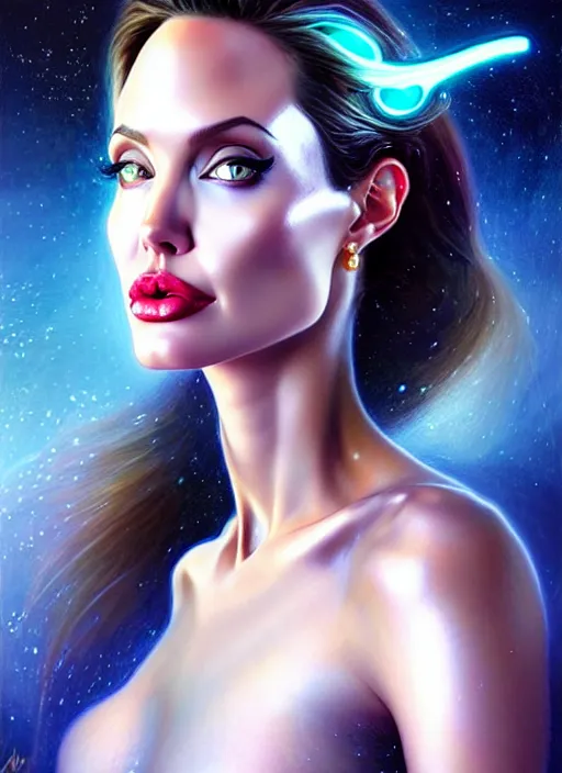 Prompt: a angelina jolie faceless glowing liquefied stardust adventurer, dnd fantasy character, full body portrait, glowing neon skin, magical aura, ultra realistic, intricate, elegant, highly detailed, digital painting, artstation, smooth, sharp, focus, illustration, art by artgerm and greg rutkowski and alphonse mucha