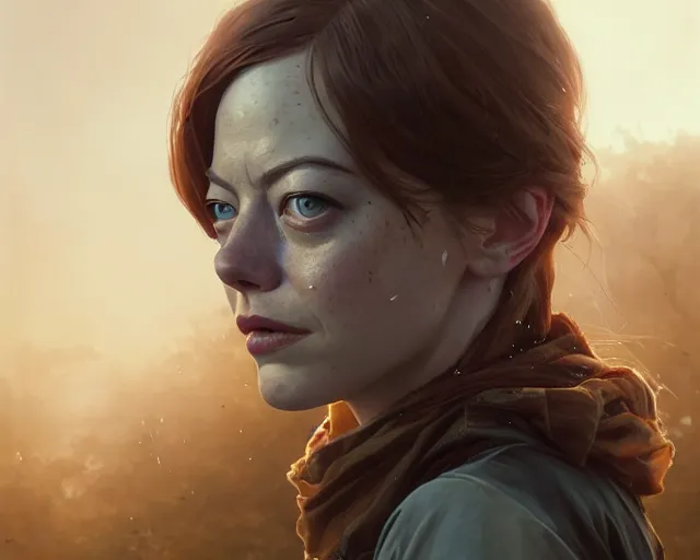 Image similar to highly detailed portrait of emma stone, in the walking dead, stephen bliss, unreal engine, fantasy art by greg rutkowski, loish, rhads, ferdinand knab, makoto shinkai and lois van baarle, ilya kuvshinov, rossdraws, tom bagshaw, global illumination, radiant light, detailed and intricate environment