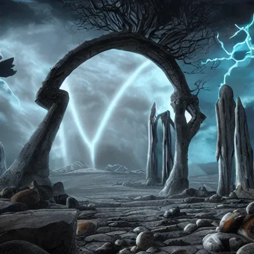 Image similar to tim burton comic book scene of an epic portal being exited by a god, cinematic, realistic, beautiful scenery, matte painting, highly detailed, octane render, unreal engine