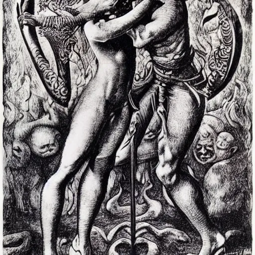 Image similar to A body art of two people, one a demon and the other a human, fighting each other with swords. winter, buff by Ernst Fuchs a e s t h e t i c