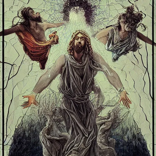 Image similar to the transfiguration of jesus christ, an ultrafine detailed painting by james jean, behance contest winner, vanitas, tarot card, dystopian art, angular, altermodern