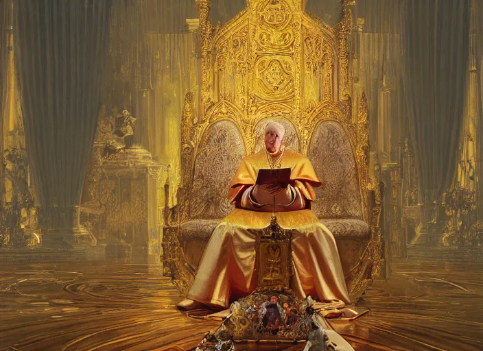 Image similar to worship of the pope, royal robe, gold trim, light effect, hyper detailed, intricate, atmospheric, elegant, photorealistic by paul lehr, marco mazzoni, featured on cgsociety, rococo, whimsical, artstation