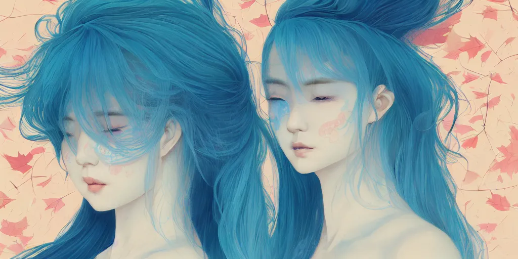 Prompt: breathtaking detailed concept art painting pattern with pastel colors of blue hair faces goddesses amalgamation autumn leaves, by hsiao - ron cheng, bizarre compositions, exquisite detail, 8 k