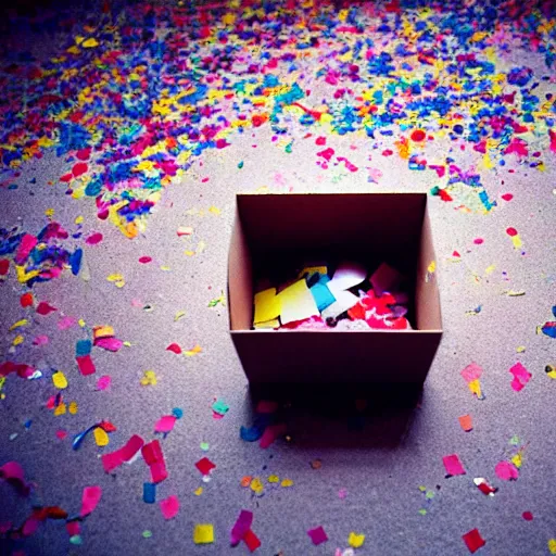 Prompt: kodak portra 4 0 0, flickr photograph destroy lonely emerging out from a gift box with confetti explosion