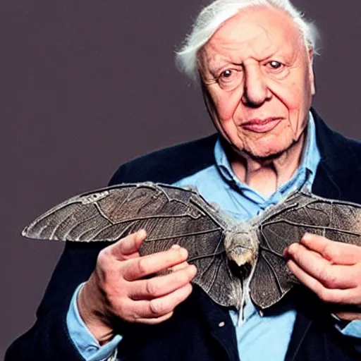 Image similar to Sir David Attenborough holding Mothman