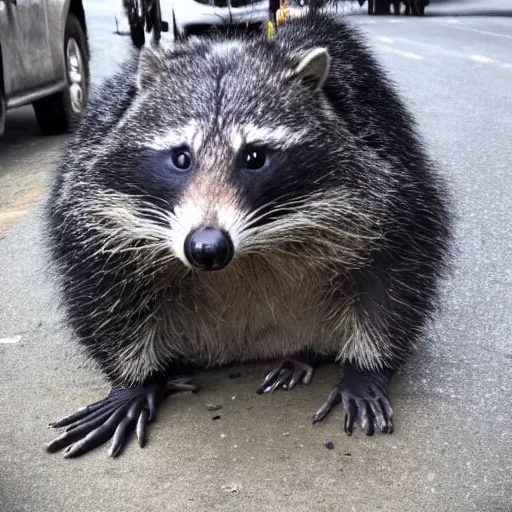 Prompt: morbidly obese homeless dirty racoon 4k photo