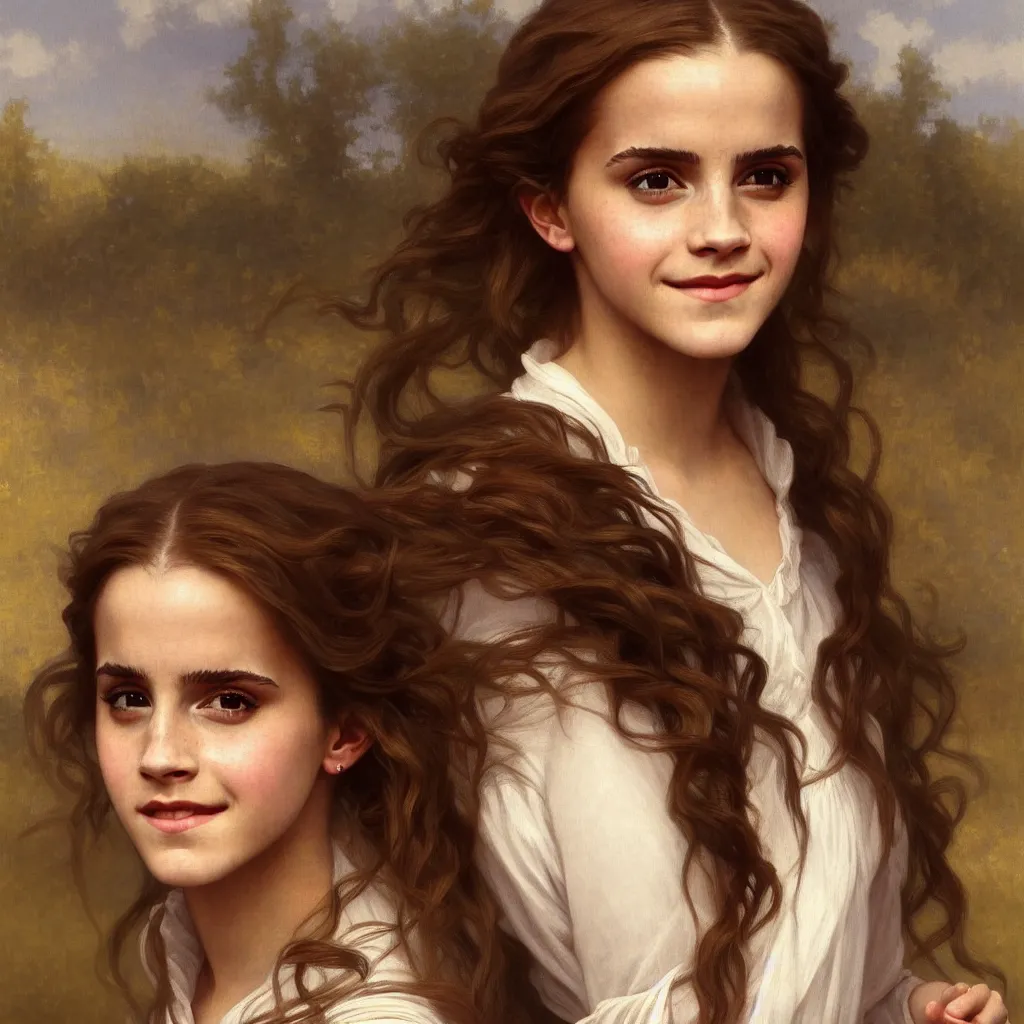 Image similar to Painting of Emma Watson as Hermione Granger. Wearing Hogwarts!!! robes!!!. Smiling. Happy. Cheerful. Art by william adolphe bouguereau. During golden hour. Extremely detailed. Beautiful. 4K. Award winning.