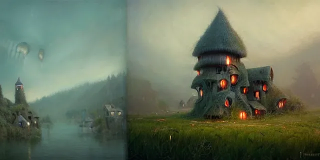 Prompt: painting costal villages overrun with weeping willows surrounded by a swap by tomasz alen kopera and cornelius dammrich with futuristic wood castle by eddie jones and simon stahlenhag