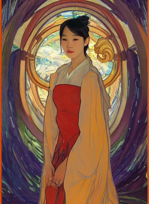Image similar to portrait of teen Lee Ji-eun wearing a divine celestial elegant suit, rule of thirds, seductive look, captivating, Vincent van Gogh pastiche by Alphonse Mucha, artstation, cinematic, award winning, original modern artwork, set on Singaporean aesthetic, rgb ethereal lighting