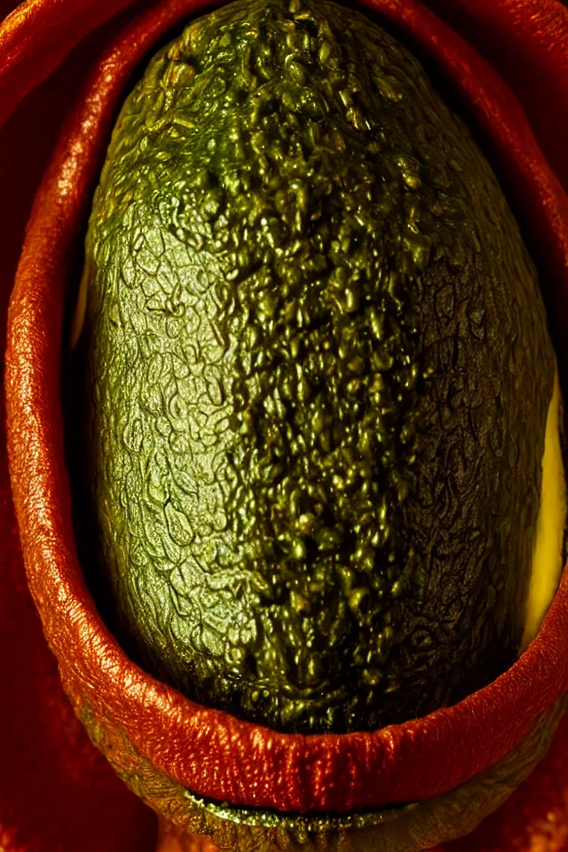 Image similar to renaissance portrait close up of highly detailed respected dragonskinned avocado, fake mustache, dramatic cinematic lighting, 8 k