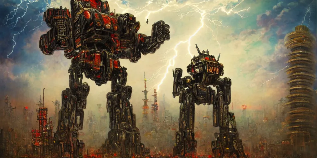 Image similar to Giant War Robot in the middle of Tokyo in style of Gustave Moreau. Symbolism, Detailed Art, 8K, Epic, Dynamic Lightning.