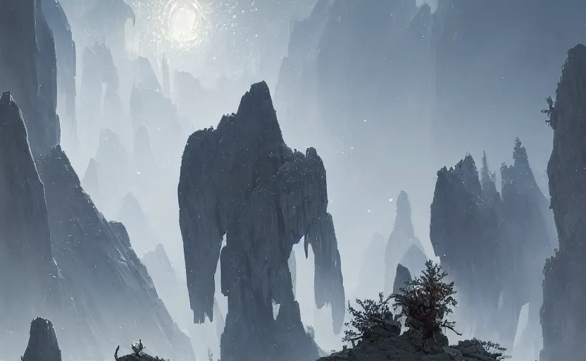 Prompt: a giant made from translucent crystals, high in the mountains, greg rutkowski, 8 k, shallow depth of field, intricate detail, concept art,