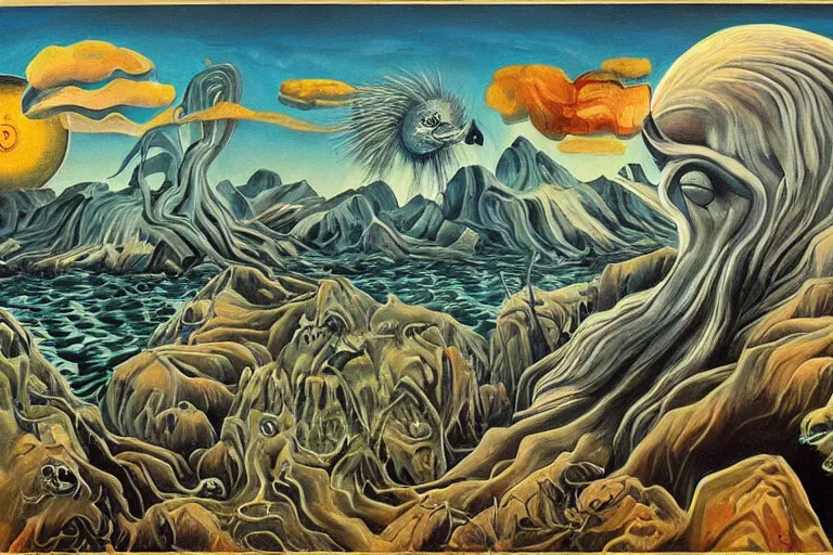 Prompt: a painting of a strange looking creature with a mustache, a surrealist painting by charles e. burchfield, trending on deviantart, pop surrealism, apocalypse landscape, dystopian art, surrealist