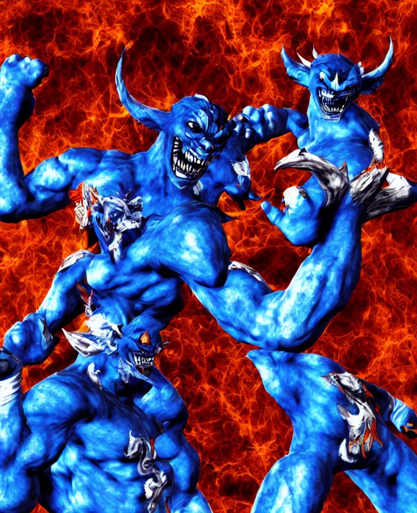 Prompt: a blue demon with the aesthetic of Tekken 2 psx
