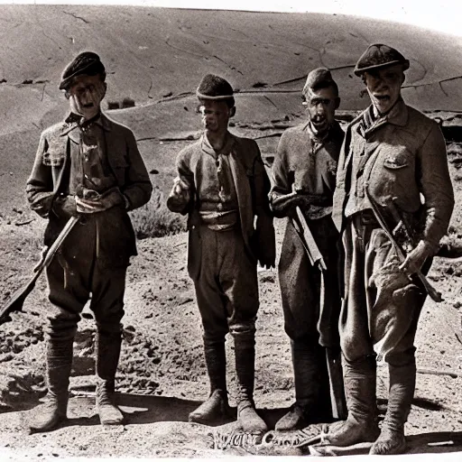 Prompt: ultra detailed photorealistic sepia - toned photo from 1 9 1 7, three clean - shaven british soldiers standing with two bedouin traders, at an archaeological dig site, ultra realistic, painted, intricate details, lovecraft, atmospheric, dark, horror, brooding, highly detailed, by clyde caldwell