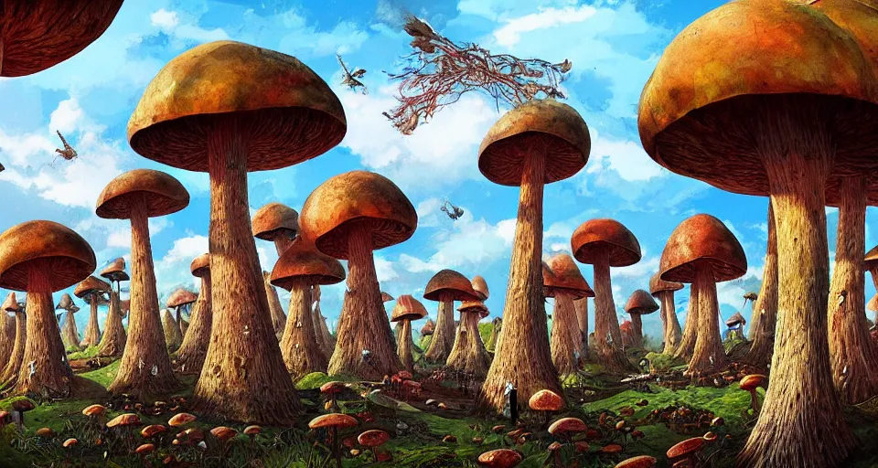 Prompt: A tribal village in a forest of giant mushrooms, by Android jones,